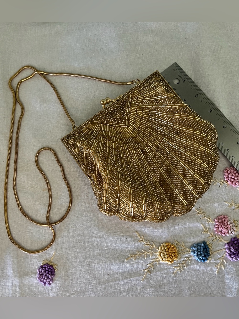 Vintage Partners Mervyn’s Gold Beaded Shell Evening Bag Clutch Crossbody